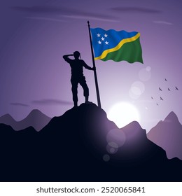 Solomon Islands Flag hoisted on a mountain peak with a purplish sunset in the background, vector illustration