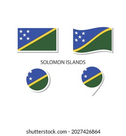 Juego de iconos de la bandera de las Islas Salomón, iconos rectangulares planos, forma circular, marcador con banderas.