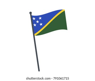 Solomon Islands flag. The national flag of Solomon Islands on a pole. The waving flag. The sign and symbol of the country. Realistic vector on white.