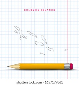 Solomon Islands freehand pencil sketch outline map isolated on on checkered school notebook page background. Empty hand drawn vector map. Realistic 3D pencil with soft shadow.