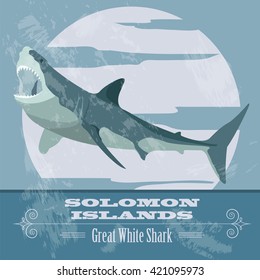Solomon islands. Great white shark.  Retro styled image. Vector illustration