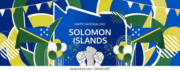 Solomon Islands Independence Day modern long banner. 7 July Happy National Day. Holiday joyful party concept in flag colors. Nice for event, festival, feast, support, greeting and marketing tourism