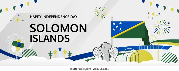 Solomon Islands Independence Day modern long banner. 7 July Happy National Day. Holiday joyful party concept in flag colors. Nice for event, festival, feast, support, greeting and marketing tourism