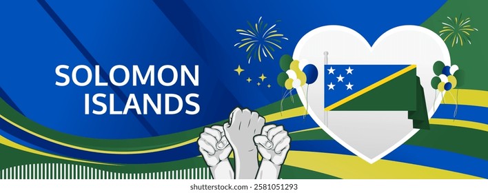 Solomon Islands Independence Day modern long banner. 7 July Happy National Day. Holiday joyful party concept in flag colors. Nice for event, festival, feast, support, greeting and marketing tourism