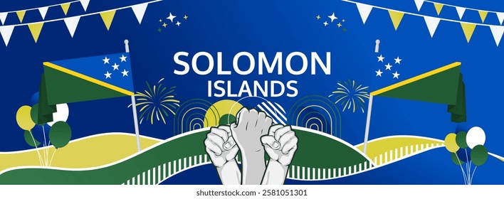 Solomon Islands Independence Day modern long banner. 7 July Happy National Day. Holiday joyful party concept in flag colors. Nice for event, festival, feast, support, greeting and marketing tourism