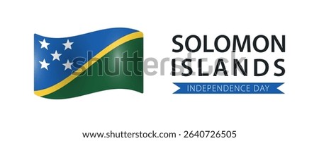 Solomon Islands Independence Day, simple minimalist web banner design. Text Solomon Islands Independence Day and Solomons flag isolated on white background.
