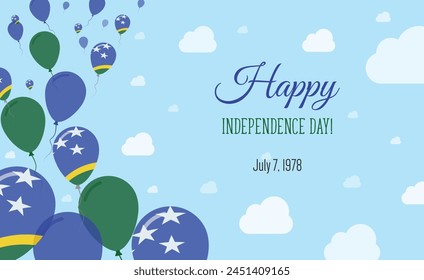 Solomon Islands Independence Day Sparkling Patriotic Poster. Row of Balloons in Colors of the Solomon Islander Flag. Greeting Card with National Flags, Blue Skyes and Clouds.