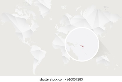 Solomon Islands map with flag in contour on white polygonal World Map. Vector Illustration.