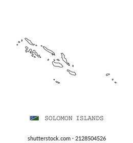 Solomon Islands map line, linear thin vector simple outline and flag. Black on white background