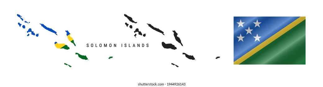 Solomon Islands. Map with masked flag. Detailed silhouette. Waving flag. Vector illustration isolated on white.