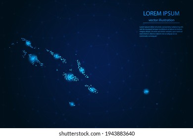 Mapa de las Islas Salomón de estrellas azules y brillantes en un fondo oscuro. Vector eps 10.