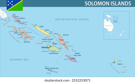 Solomon Islands Map Vector New 2024 Colorful - Customizable layered political map of Solomon Islands with administrative divisions for website, education, reports, news, politics, print, poster