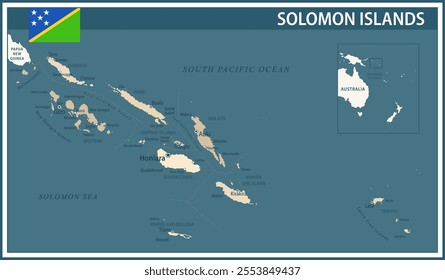 Solomon Islands Map Vector Vintage Dark Blue Beige - Customizable layered political map of Solomon Islands with administrative divisions for website, education, reports, news, politics, print, poster