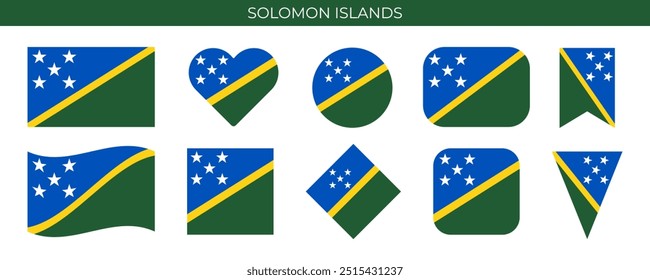 Solomon Islands national flag set. Solomon Islands flag of different shapes. Vector illustration isolated on white background