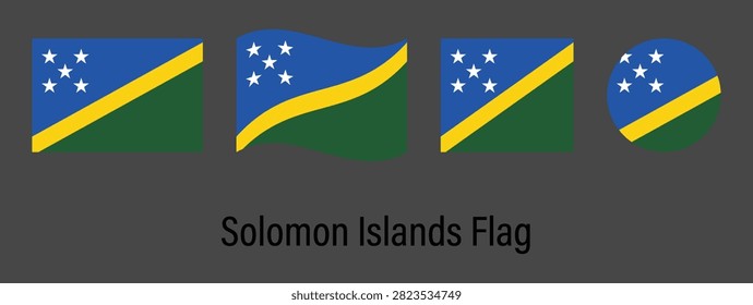 Solomon Islands National Flag Set Collection with Rectangle, Waving, Square and Circle Shapes Isolated on Black Background Vector Illustration
