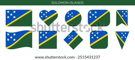 Solomon Islands national flag set. Solomon Islands flag of different shapes. Vector illustration isolated on white background