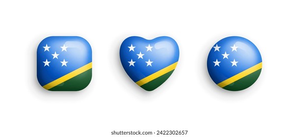 Solomon Islands Official National Flag 3D Vector Glossy Icons In Rounded Square Heart And Circle Shape Isolate On White. Sign And Symbols Graphic Design Elements Volumetric Buttons Collection