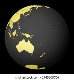 Solomon Islands on dark globe with yellow world map. Country highlighted with blue color. Satellite world projection centered on Solomon Islands. Beautiful vector illustration.