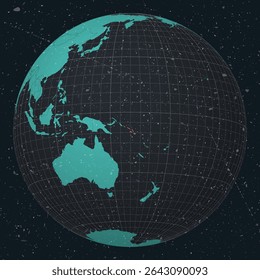 Solomon Islands on Globe. Vintage look with grunge scratched texture. Country view on world map in Dark Charcoal Turquoise color palette. Solomon Islands shape on map.