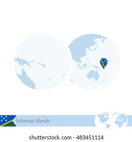 Solomon Islands on world globe with flag and regional map of Solomon Islands. Vector Illustration.