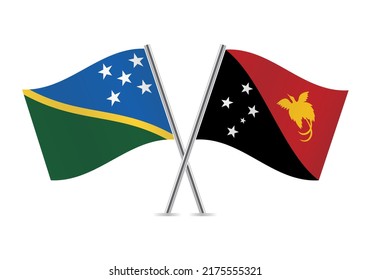 The Solomon Islands and Papua New Guinea crossed flags. The Solomon Islands and Papua New Guinean flags are on white background. Vector illustration.