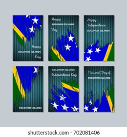 Solomon Islands Patriotic Cards for National Day. Expressive Brush Stroke in Flag Colors on dark striped background. Vector Greeting Card.