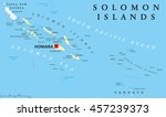 Solomon Islands political map with capital Honiara on Guadalcanal. Sovereign country consisting of six major islands in Oceania between Papua New Guinea and Vanuatu. English labeling. Illustration.