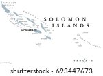 Solomon Islands political map with capital Honiara. English labeling. Sovereign country in Melanesia, Oceania. Gray illustration on white background. Vector.