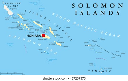 Solomon Islands political map with capital Honiara on Guadalcanal. Sovereign country consisting of six major islands in Oceania between Papua New Guinea and Vanuatu. English labeling. Illustration.