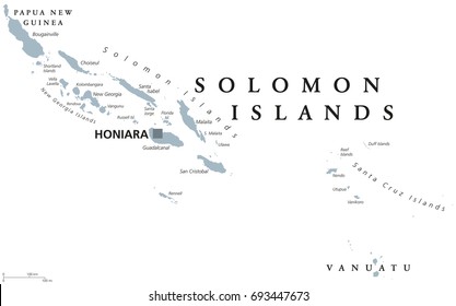 Solomon Islands political map with capital Honiara. English labeling. Sovereign country in Melanesia, Oceania. Gray illustration on white background. Vector.