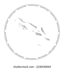 Rundlogos der Salomonen. Digitale Form der Salomonen im gepunkteten Kreis mit Ländernamen. Das technische Symbol des Landes mit gestuften Punkten. Coole Vektorgrafik.
