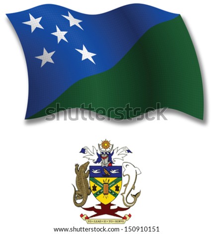 solomon islands shadowed textured wavy flag and coat of arms against white background, vector art illustration, image contains transparency transparency