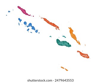 Forma Islas Salomón. Nube de palabras de Country con división regional. Ilustración de color de las Islas Salomón. Nube de nombres de región. Ilustración vectorial.