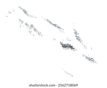 Solomon Islands shape text cloud. Country border with shadow on white background. Solomon Islands with regions division in vintage gazette style. Artistic vector illustration.