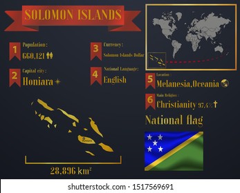 Solomon Islands statistic data visualization, travel, tourism destination infographic, information. Graphic vector illustration. National flag, Melanesia country silhouette, world map business element