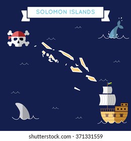 Solomon Islands treasure map in flat design. Colorful cartoon treasure map of Solomon Islands with flat design icons of pirate ship and jolly roger. Solomon Islands flat design vector illustration.