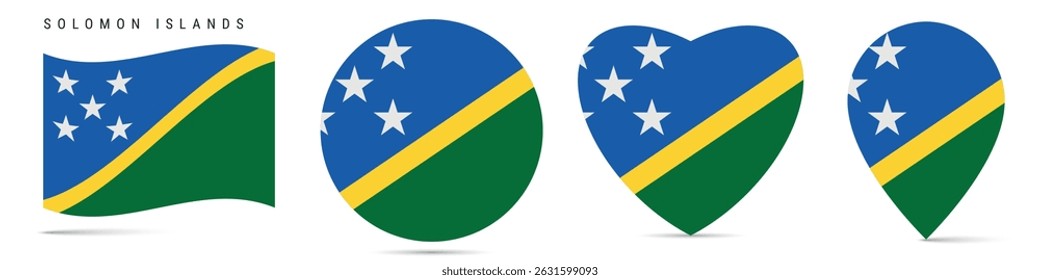 Solomon Islands waving flag, round circle sticker badge, heart shaped icon, map pin. Melanesia flag buttons of different shapes. Vector illustration isolated on white.