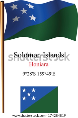 solomon islands wavy flag and coordinates against white background, vector art illustration, image contains transparency