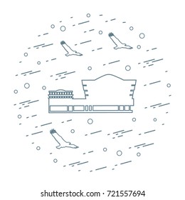 The Solomon R.Guggenheim Museum in the New York, United States and silhouettes of a soaring eagles arranged in a circle. Symbols of USA.