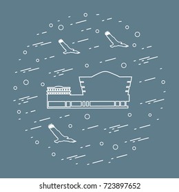 The Solomon R.Guggenheim Museum in the New York, United States and silhouettes of a soaring eagles arranged in a circle. Symbols of USA.