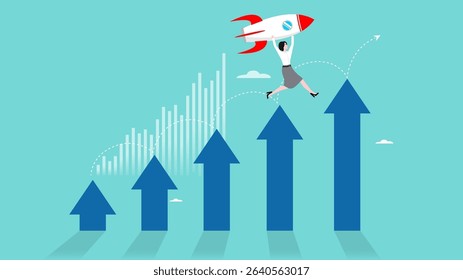 solopreneur or independent businessman, freelancer concept, business owners who work alone to develop their business, business woman launches company rocket alone above the business growth graph