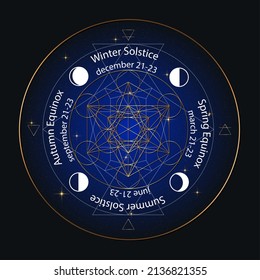 solstice and equinox circle stylized as linear geometrical design with white and gold thin lines on night sky background with dates and names, four elements, Air, fire, water, earth symbol. Vector 