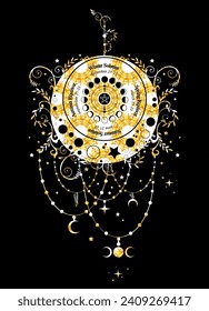 solstice and equinox circle, wheel of moon phases with dates and names. Gold luxury floral crescent moon in boho style. Lucky pagan oracle of the Wiccan witches, vector isolated on black background