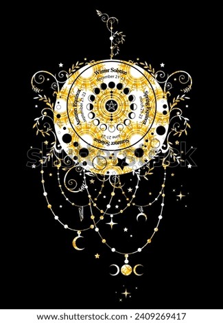 solstice and equinox circle, wheel of moon phases with dates and names. Gold luxury floral crescent moon in boho style. Lucky pagan oracle of the Wiccan witches, vector isolated on black background
