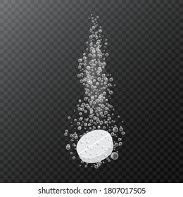 Soluble drug with fizzy trace isolated on checkered background, vector illustration. Vitamin in water effervescent , three dissolving tablets.