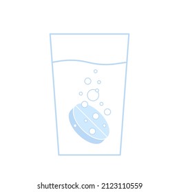 Soluble effervescent tablet medication with bubbles in glass, fizzy drug. Dissolution process. Medication treatment. Vector illustration