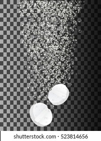 Soluble pill on transparent background. Two dissolving tablets. Effervescent tablet. Vitamin C. Vector illustration.