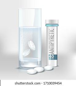 Soluble Round Tablets In A Glass  Of Water. An Antipyretic Tablet White Cylindrical Container. Tube With Medicine And Pills. Overhead Packing
