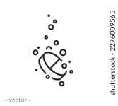soluble tablet icon, effervescent pill, vitamins or sugar substitute, water bubbles, thin line symbol on white background - editable stroke vector illustration eps10