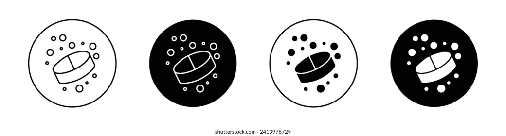 Soluble tablet icon set. Water soluble Pill and drug vector symbol in a black filled and outlined style. Effervescent tablets sign.